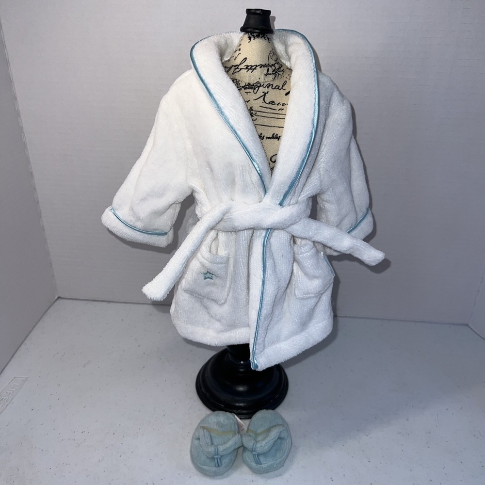 AMERICAN GIRL white & Blue Plush Bath Robe With Slippers Star Embroidery Pockets